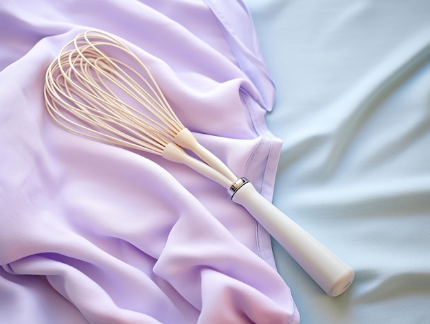 Sur la table de la cuisine, des ustensiles de cuisine avec un fouet sur un torchon de couleur pastel généré par ai