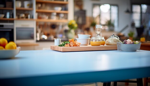 Table de cuisine vide avec arrière-plan flou cuisine espace de table isolé pour les produits et les aliments Com