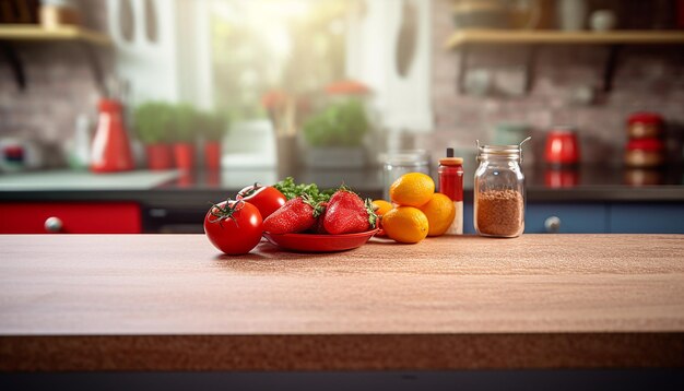 Photo table de cuisine vide avec arrière-plan flou cuisine espace de table isolé pour les produits et les aliments com