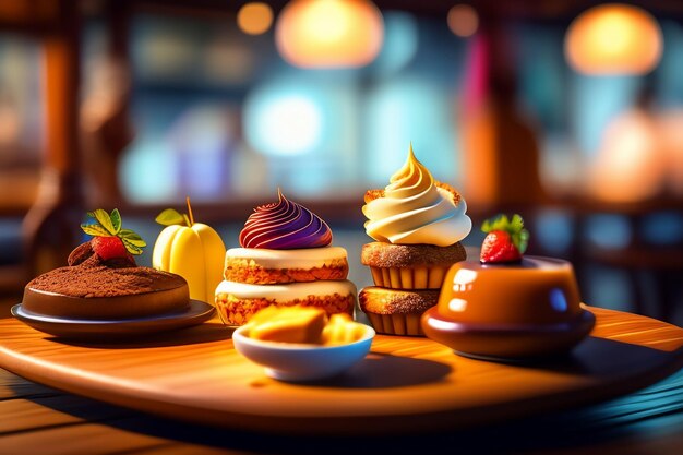 Photo une table avec des cupcakes et un bol de fruits