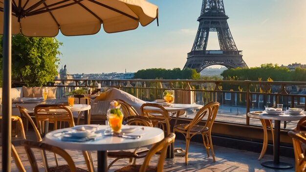 Photo table dans un café fleurs sur le fond de la tour eiffel