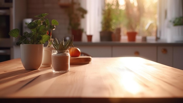 Une table dans la cuisine avec une plante