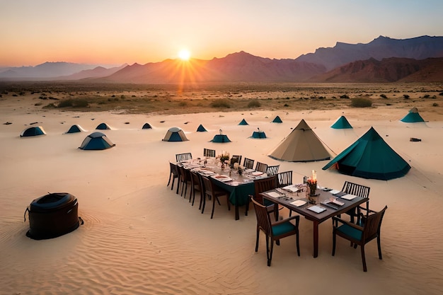 Une table dans le désert avec des tentes et un coucher de soleil en arrière-plan