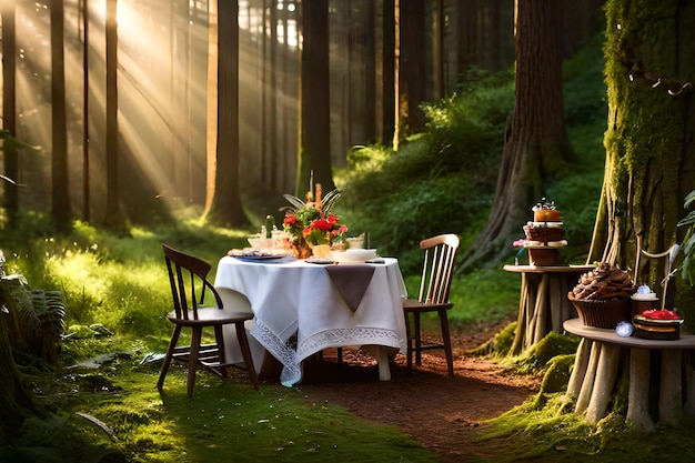 Une table dans la forêt avec vue sur le soleil qui brille à travers les arbres