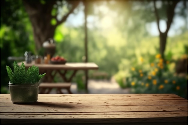 Une table dans un jardin avec une plante en pot dessus