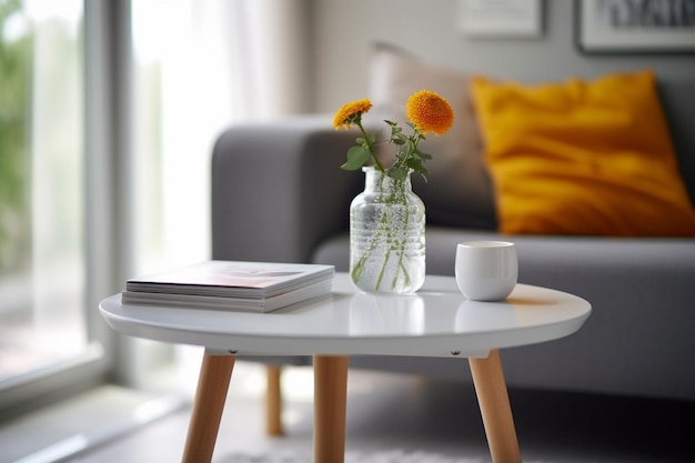 table dans le salon avec un style minimaliste Ikea et un fond clair génératif IA