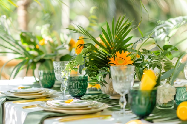 Table décorée avec des décors floraux de couleurs vives Fête tropicale décorée de fleurs IA générative