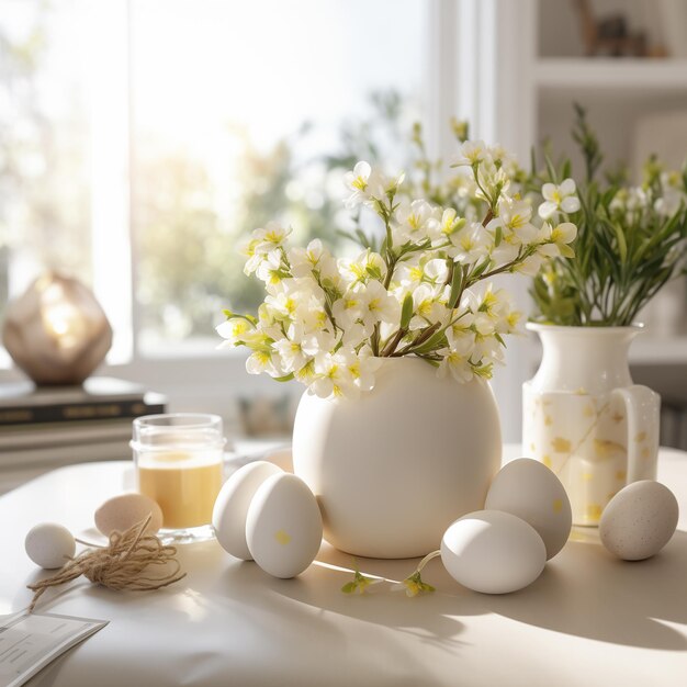 Table décorée avec des œufs et un vase avec des fleurs blanches.