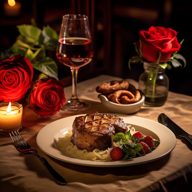 Table décorée pour un dîner romantique avec deux verres de champagne bouquet de roses rouges ou bougie