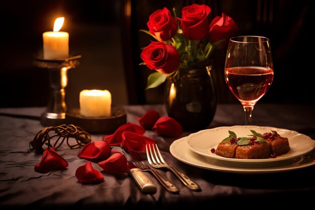 Table décorée pour un dîner romantique avec deux verres de champagne bouquet de roses rouges ou bougie