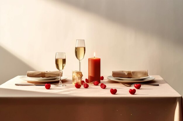 Table décorée pour un dîner romantique avec deux verres de champagne bouquet de roses rouges ou bougie