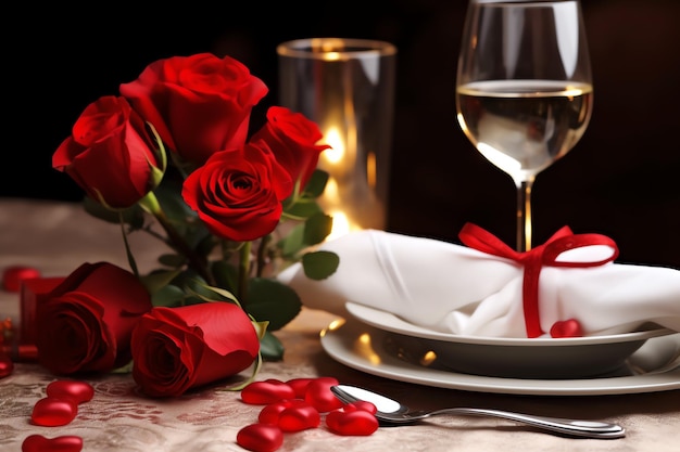 Table décorée pour un dîner romantique avec deux verres de champagne bouquet de roses rouges ou bougie