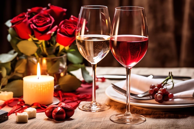 Table décorée pour un dîner romantique avec deux verres de champagne bouquet de roses rouges ou bougie