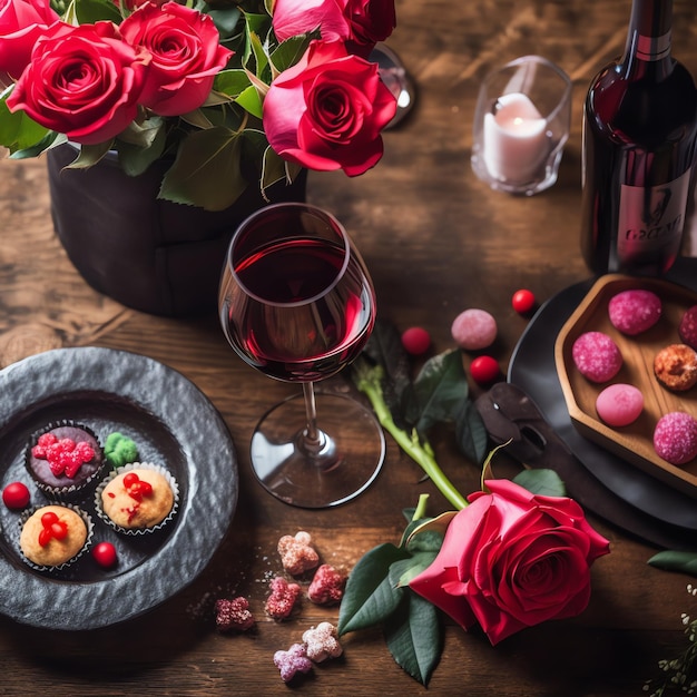 Table décorée pour un dîner romantique avec deux verres de champagne bouquet de roses rouges ou bougie