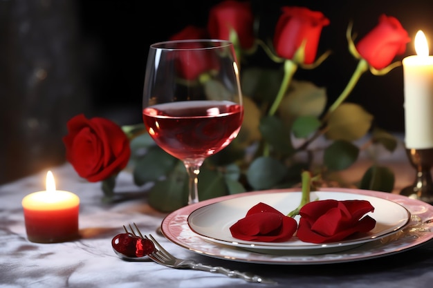 Table décorée pour un dîner romantique avec deux verres de champagne bouquet de roses rouges ou bougie