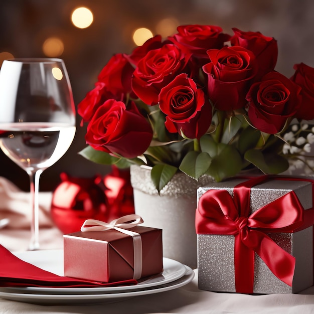 Table décorée pour un dîner romantique avec deux verres de champagne bouquet de roses rouges ou bougie