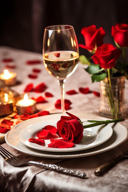 Table décorée pour un dîner romantique avec deux verres de champagne bouquet de roses rouges ou bougie