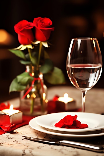 Table décorée pour un dîner romantique avec deux verres de champagne bouquet de roses rouges ou bougie