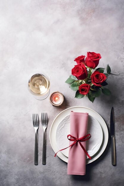 Photo table décorée pour un dîner romantique avec deux verres de champagne bouquet de roses rouges ou bougie