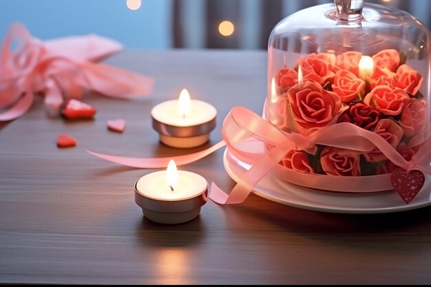 Table décorée pour un dîner romantique avec deux verres de champagne bouquet de roses rouges ou bougie