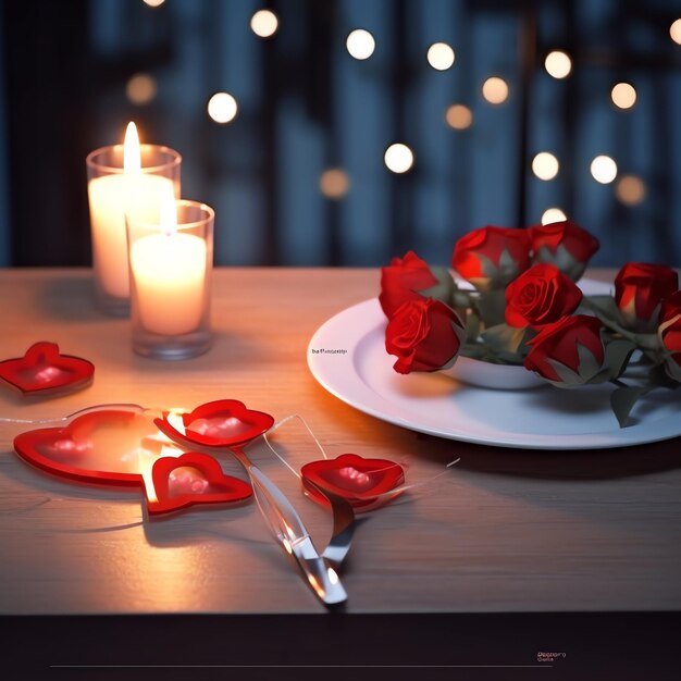 Photo table décorée pour un dîner romantique avec deux verres de champagne bouquet de roses rouges ou bougie