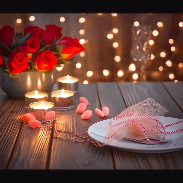 Photo table décorée pour un dîner romantique avec deux verres de champagne bouquet de roses rouges ou bougie