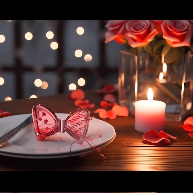 Photo table décorée pour un dîner romantique avec deux verres de champagne bouquet de roses rouges ou bougie