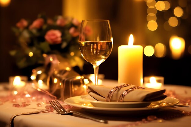 Photo table décorée pour un dîner romantique avec deux verres de champagne bouquet de roses rouges ou bougie