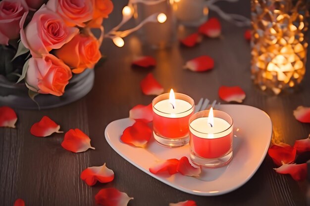 Photo table décorée pour un dîner romantique avec deux verres de champagne bouquet de roses rouges ou bougie