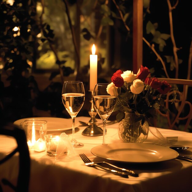 Photo table décorée pour un dîner romantique avec deux verres de champagne bouquet de roses rouges ou bougie