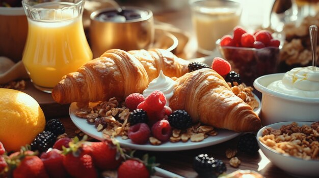 Photo une table avec un délicieux croissant, des fruits frais et du yogourt crémeux, parfait pour un petit déjeuner sain et satisfaisant.