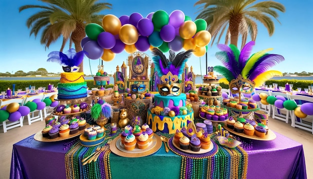 Une table de dessert Mardi Gras vibrante étendue sous des palmiers tropicaux