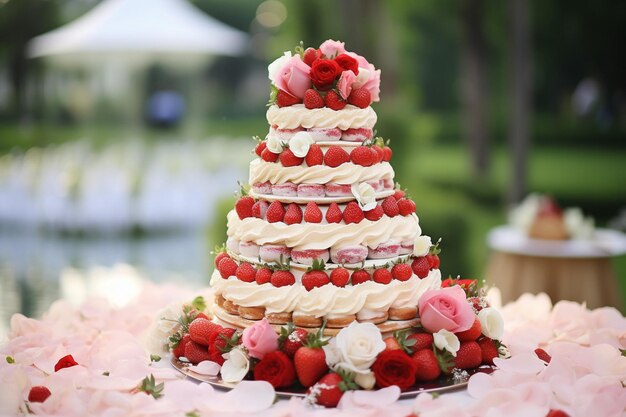 Une table de dessert de mariage avec un gâteau à la fraise en niveaux