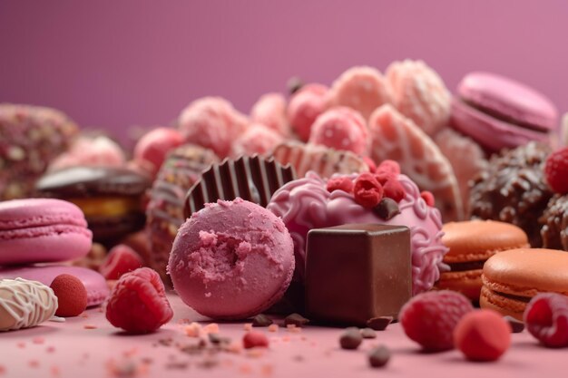 Une table de dessert rose avec une variété de chocolats et de framboises.