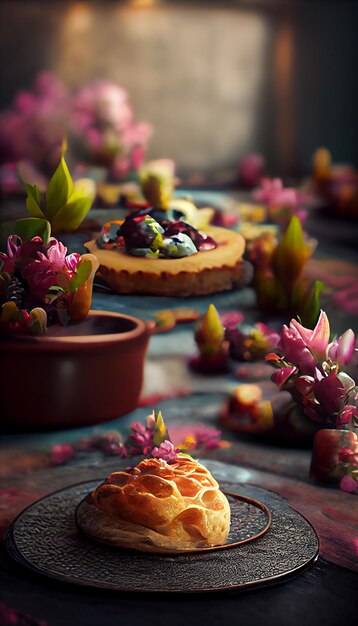 Une table avec un dessert et une tarte aux fruits dessus