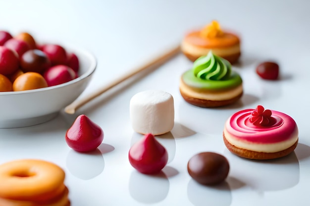 Une table de desserts assortis dont un bol de fraises.