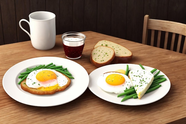 Une table avec deux assiettes de nourriture avec des œufs et des haricots verts dessus.