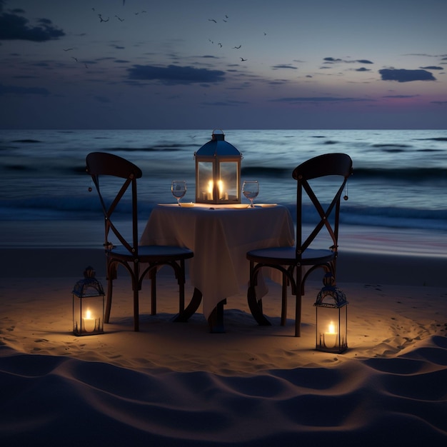Photo une table avec deux chaises et deux lanternes dessus.