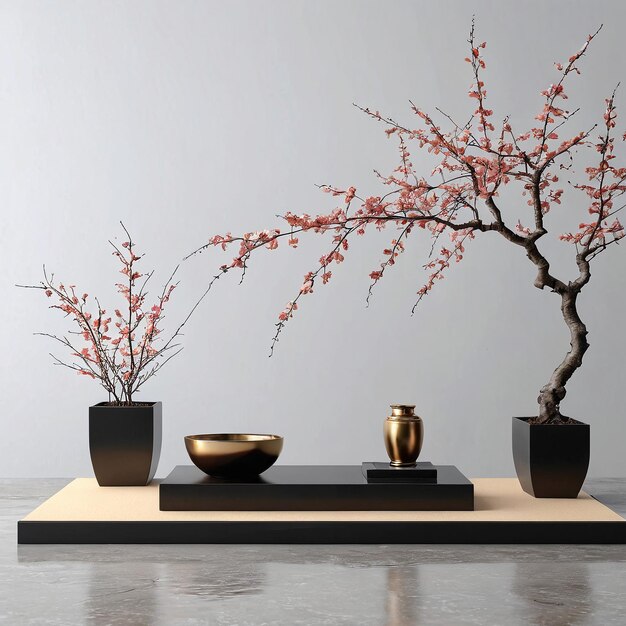 une table avec deux vases et un arbre