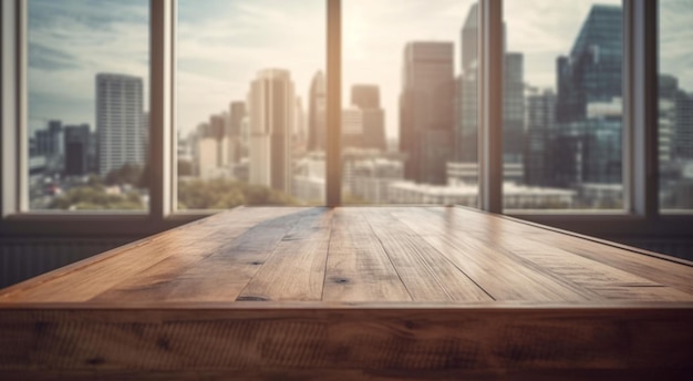 Une table devant une fenêtre avec vue sur la ville en arrière-plan