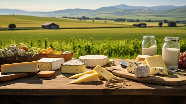 Table de différents fromages sur une table en bois et le