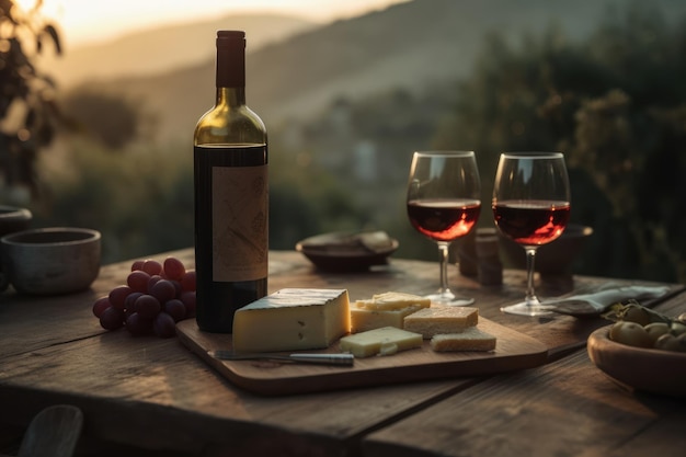 Table de différents fromages et vins sur une table en bois et le champ en arrière-plan