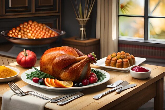 une table avec une dinde et une assiette de fruits dessus