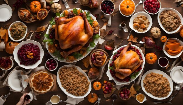 une table avec une dinde et d'autres aliments, y compris une dinde