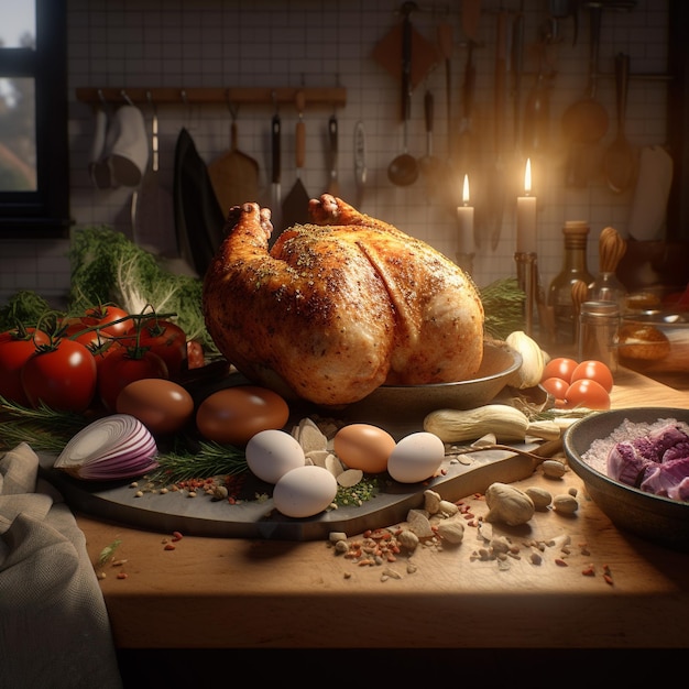 Photo une table avec une dinde et des œufs dessus