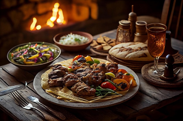 Table de dîner arabe ou méditerranéenne du Moyen-Orient avec ai générative grillée