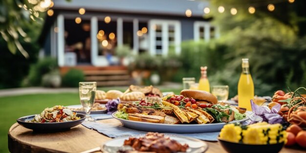 Table de dîner d'arrière-cour avec une savoureuse lumière de bokeh de viande de barbecue grillée à l'heure d'or