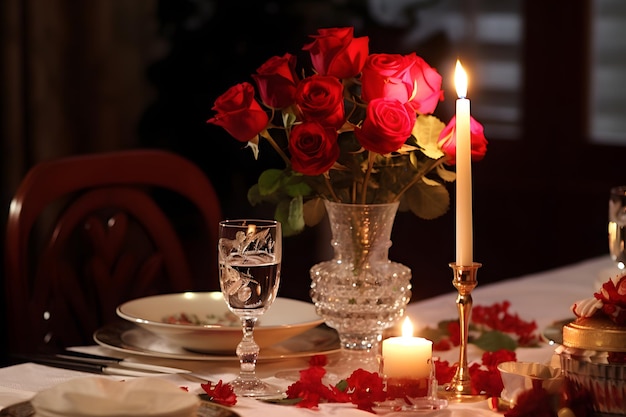 table de dîner aux chandelles avec des roses comme centres de table