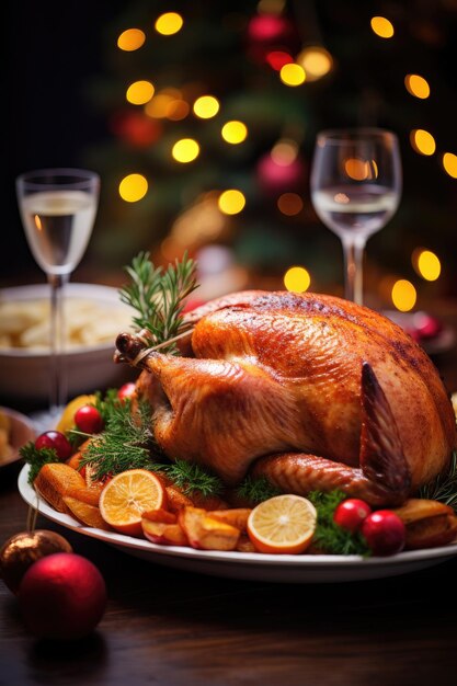 Table de diner de dinde de Noël cadre avec assiette génératif ai