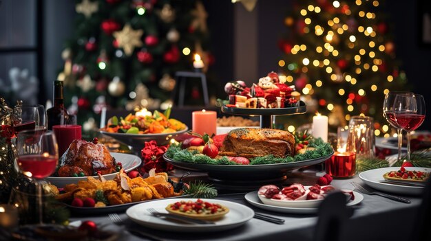 Table de dîner de Noël pleine de plats avec de la nourriture et des collations Décor du Nouvel An avec un arbre de Noël